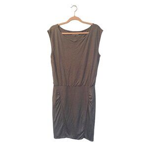 Athleta Westwood ruched sleeveless brown micro stripe midi dress size m